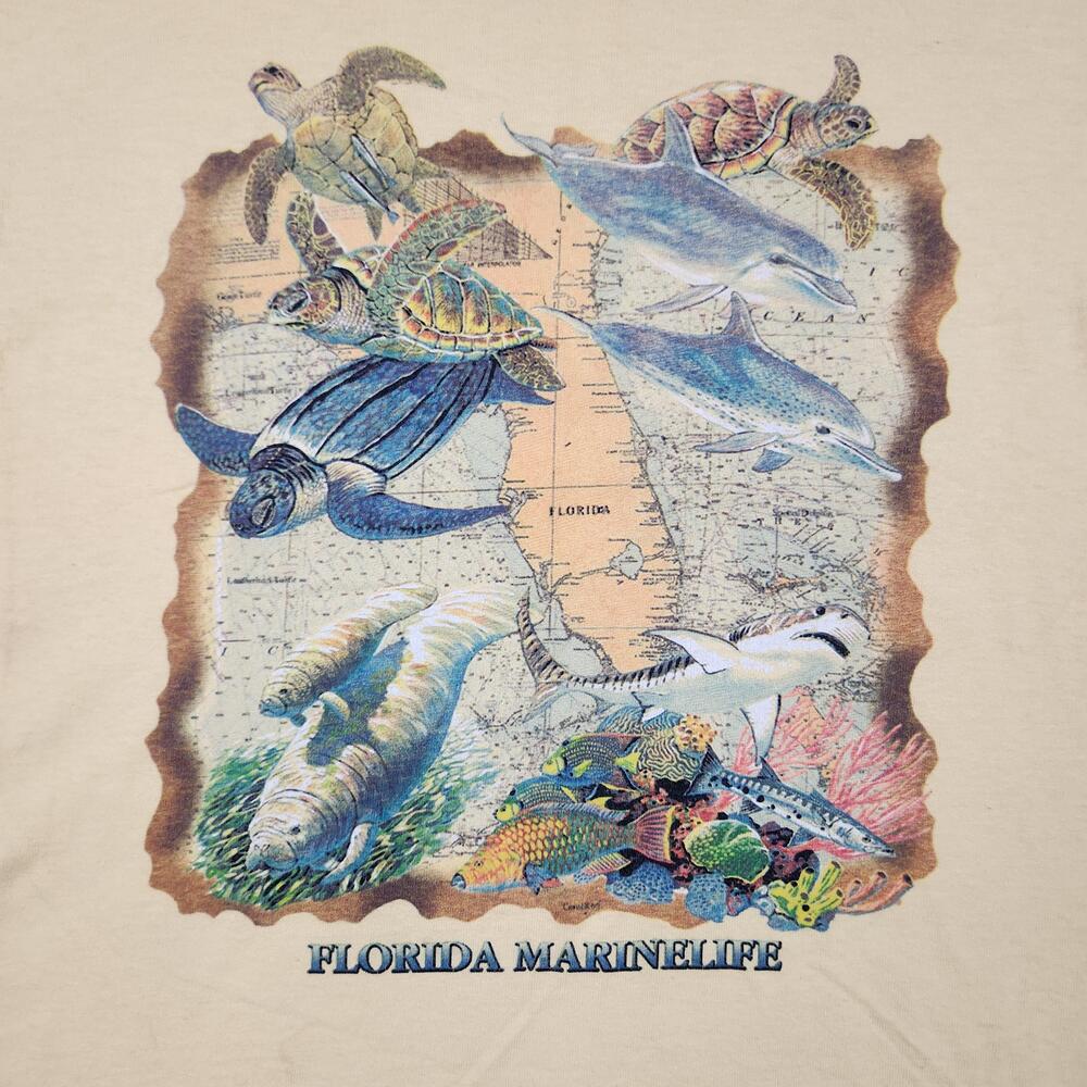 Vintage Florida Marine Life Shirt Mens Large Yellow Ocean Animals Nature 90s Y2k